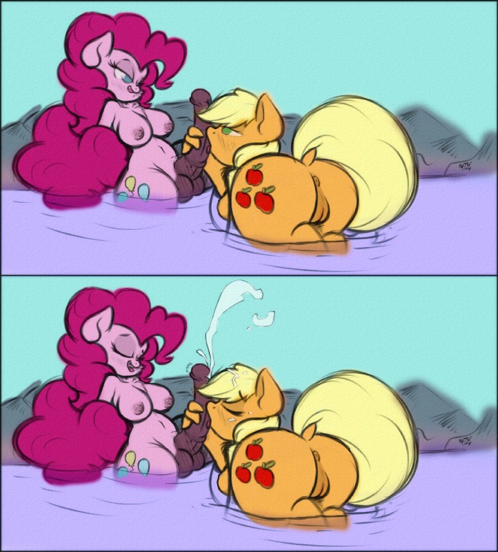 2014 animal_genitalia animal_penis anthro anthrofied anus applejack_(mlp) balls big_breasts blonde_hair blue_eyes blush bodily_fluids breasts colored cum cumshot cutie_mark digital_media_(artwork) duo e621 earth_pony ejaculation equid equine equine_genitalia equine_penis erection eyes_closed female friendship_is_magic fur genital_fluids genitals green_eyes gynomorph gynomorph/female hair hasbro horse hot_spring intersex intersex/female koffeekuma licking mammal my_little_pony oral orange_body orange_fur orgasm penile penis penis_lick pink_body pink_fur pink_hair pinkie_pie_(mlp) pony sex tongue tongue_out vulva water