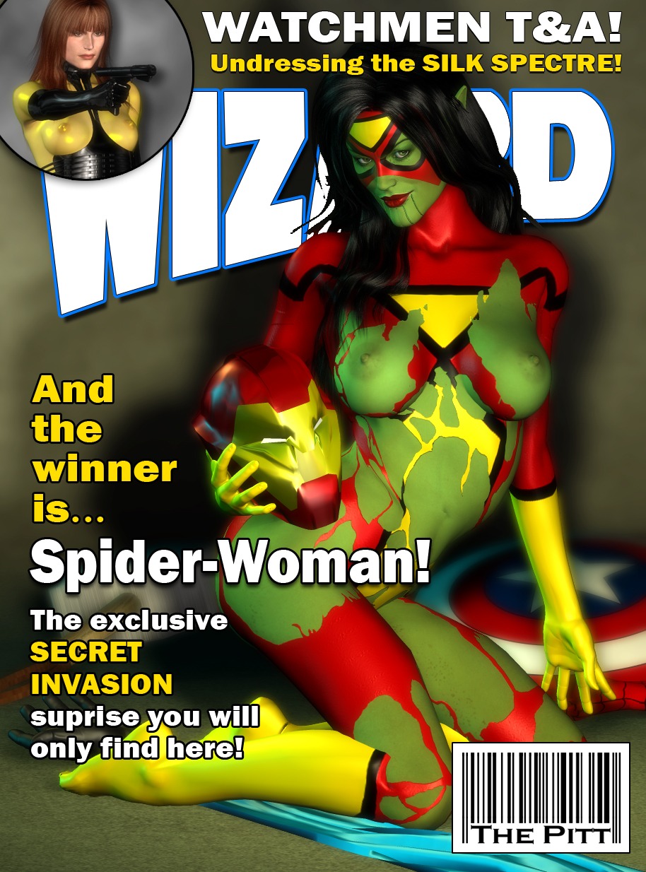 2girls 3d character_name cosplay cover_page crossover dc dc_comics female female_only human iron_man_helmet jessica_drew magazine_cover marvel marvel_comics new_avengers rule34 secret_invasion signature silk_spectre skrull skrull_queen spider-man_(series) spider-woman spider-woman_(cosplay) straight_hair text the_pitt veranke watchmen wizard_magazine
