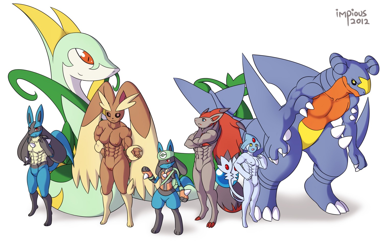 2012 abs ambiguous_gender anthro azelf biceps black_body black_fur blue_body blue_fur breasts canid canine e621 female feral fur garchomp generation_4_pokemon generation_5_pokemon genitals group hi_res humanoid impious lagomorph legendary_pokemon lopunny lucario mammal muscular muscular_female nintendo nipples nude pokemon pokemon_(species) pokemon_trainer red_eyes reptile scalie serpentine serperior simple_background size_difference snake tail vulva white_background yellow_body yellow_fur zoroark