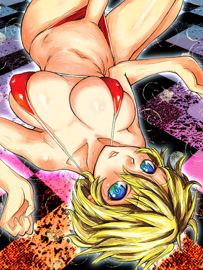 1futa 2d blonde-haired_futa blonde_futa blonde_hair blue_eyes breasts chin_length_hair cleavage futa_only futanari intersex large_breasts light-skinned_futa light_skin lying lying_down navel nipple_bulge on_floor original penis penis_out_of_bikini red_bikini rule34 short_hair solo solo_futa straight_hair swimsuit unkomaster