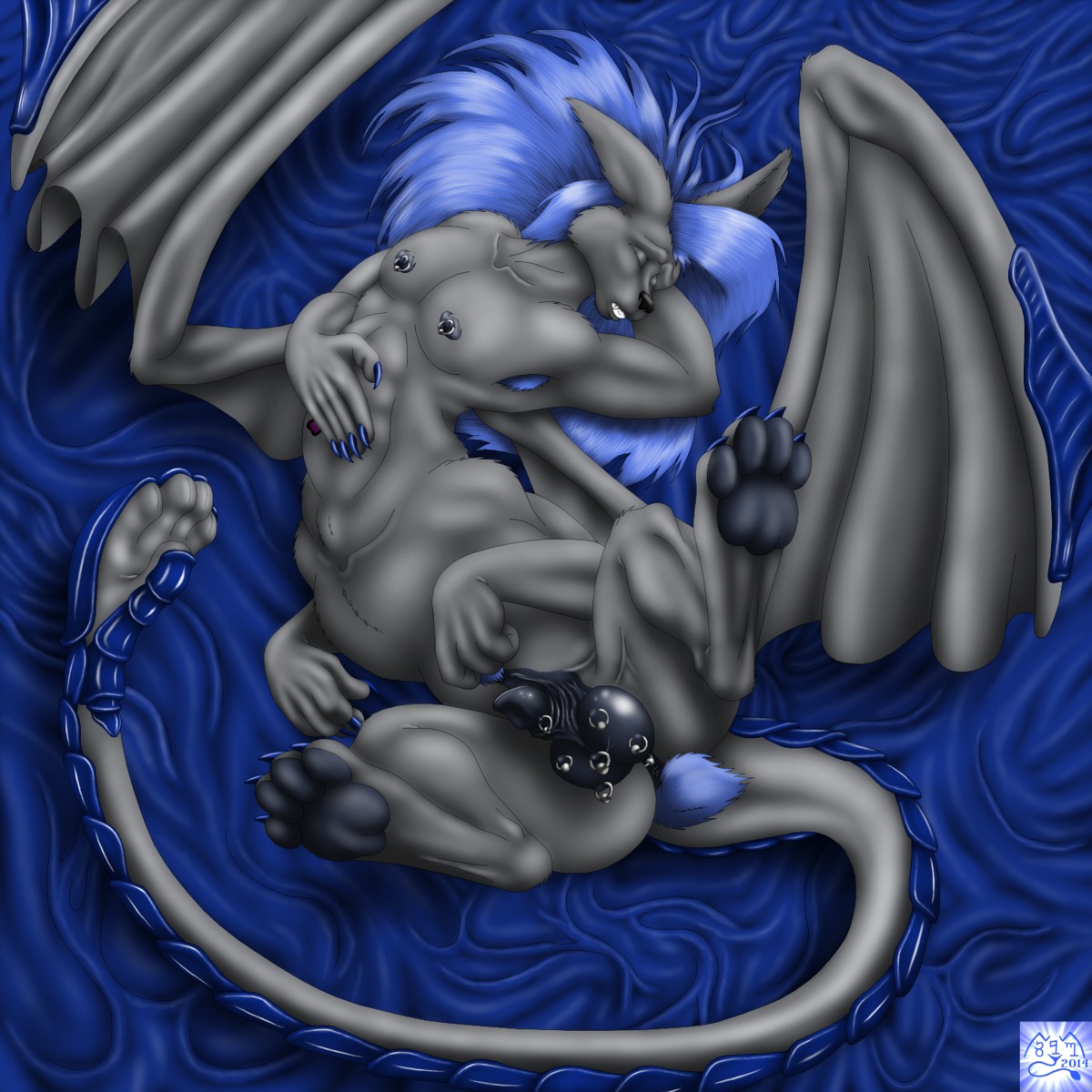 1:1 animal_genitalia anus armor armpit_hair black_pawpads body_hair canichimera canid canine chimera e621 genitals hair hi_res long_ears long_hair male mammal membrane_(anatomy) membranous_wings nude pawpads paws penis penis_tip piercing pubes sheath skybrigidrain solo spread_legs spreading taur wings
