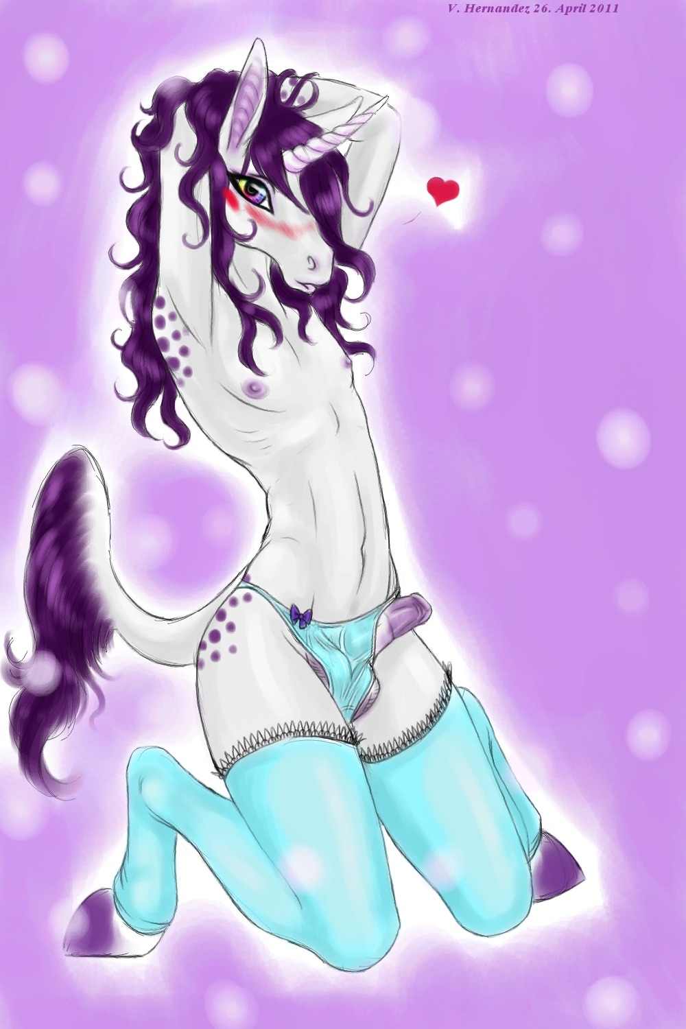2:3 anthro balls barely_contained biped blush bulge clothed clothing crossdressing e621 equid equine erection femboy genitals hair hi_res horn kemono legwear long_hair looking_at_viewer male mammal mythological_creature mythological_equine mythology panties penis penis_poking_out purple_hair shikoyote short_hair sitting solo stockings tail topless underwear unicorn