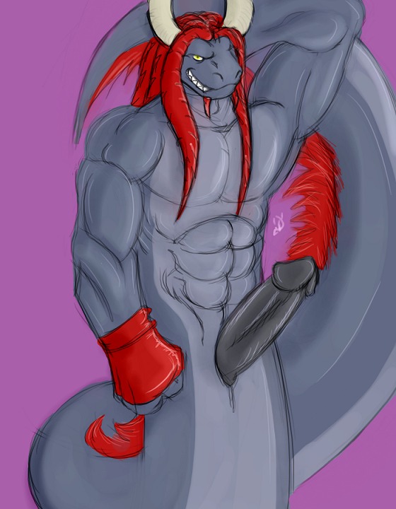 abs animal_genitalia anthro apode baddemona biceps biped black_penis clothing colored_sketch countershade_tail countershade_torso countershading deviousnaga digital_media_(artwork) draconcopode dreadlocks e621 erection fingerless_gloves front_view full-length_portrait fur genital_slit genitals gloves grey_body grey_countershading hair hand_behind_head handwear horn legless male muscular muscular_anthro muscular_male naga nude pecs penis portrait presenting purple_background red_clothing red_hair red_handwear reptile scales scalie serpentine simple_background sketch snake solo standing tail