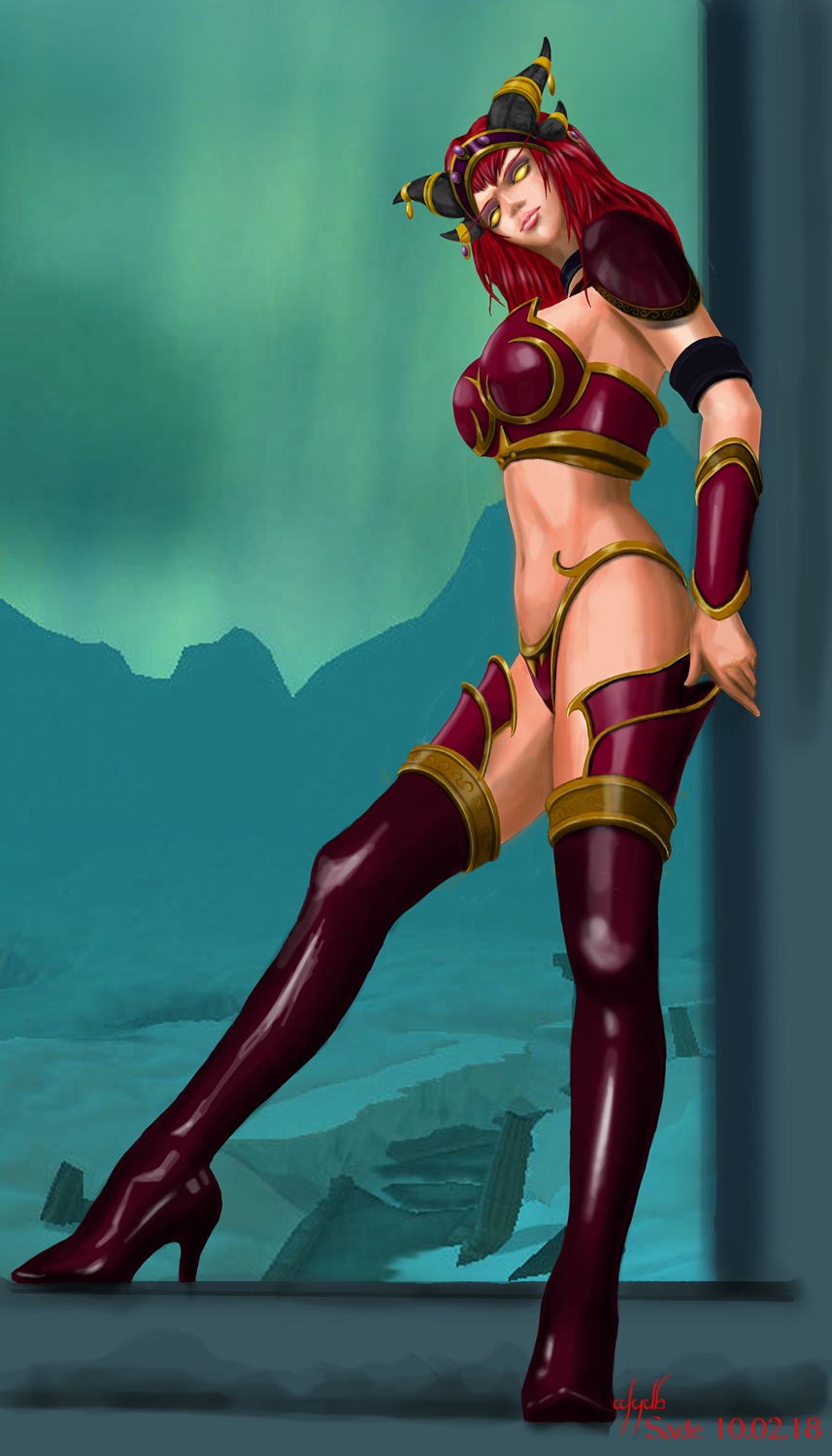 alexstrasza background breasts eyeshadow female glowing_eyes high_heels horns jewelry long_eyebrows long_hair looking_at_viewer mountains red_hair rule34 sade75311 solo tagme thigh_highs unconvincing_armour world_of_warcraft yellow_eyes