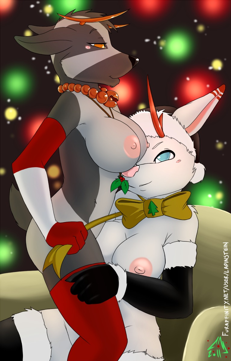 anthro areola armwear bell blue_eyes blush breasts christmas christmas_clothing christmas_headwear clothing deer duo e621 female female/female fur_trim_(clothing) furniture hat headgear headwear hi_res holidays jewelry lapinstein leaning legwear mammal meme necklace new_world_deer nipples orange_eyes outside plant pom_hat reindeer ribbons santa_hat sitting snow sofa stockings these_aren't_my_glasses