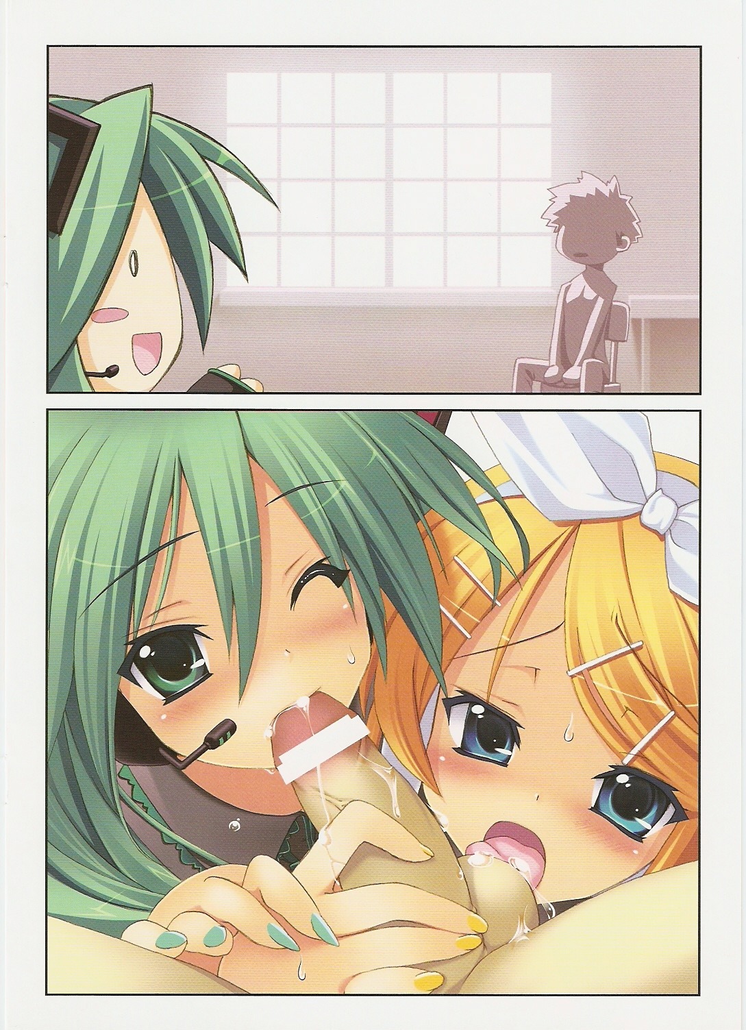 1boy 2girls bar_censor blonde_hair blue_eyes blush censored cum fellatio female ffm_threesome green_eyes green_hair hair_ornament hairclip hatsune_miku headset hetero himukai_kyousuke kagamine_rin long_hair male multiple_girls nail_polish one_eye_closed oral penis rule34 screening studio_himawari testicles vocaloid wince