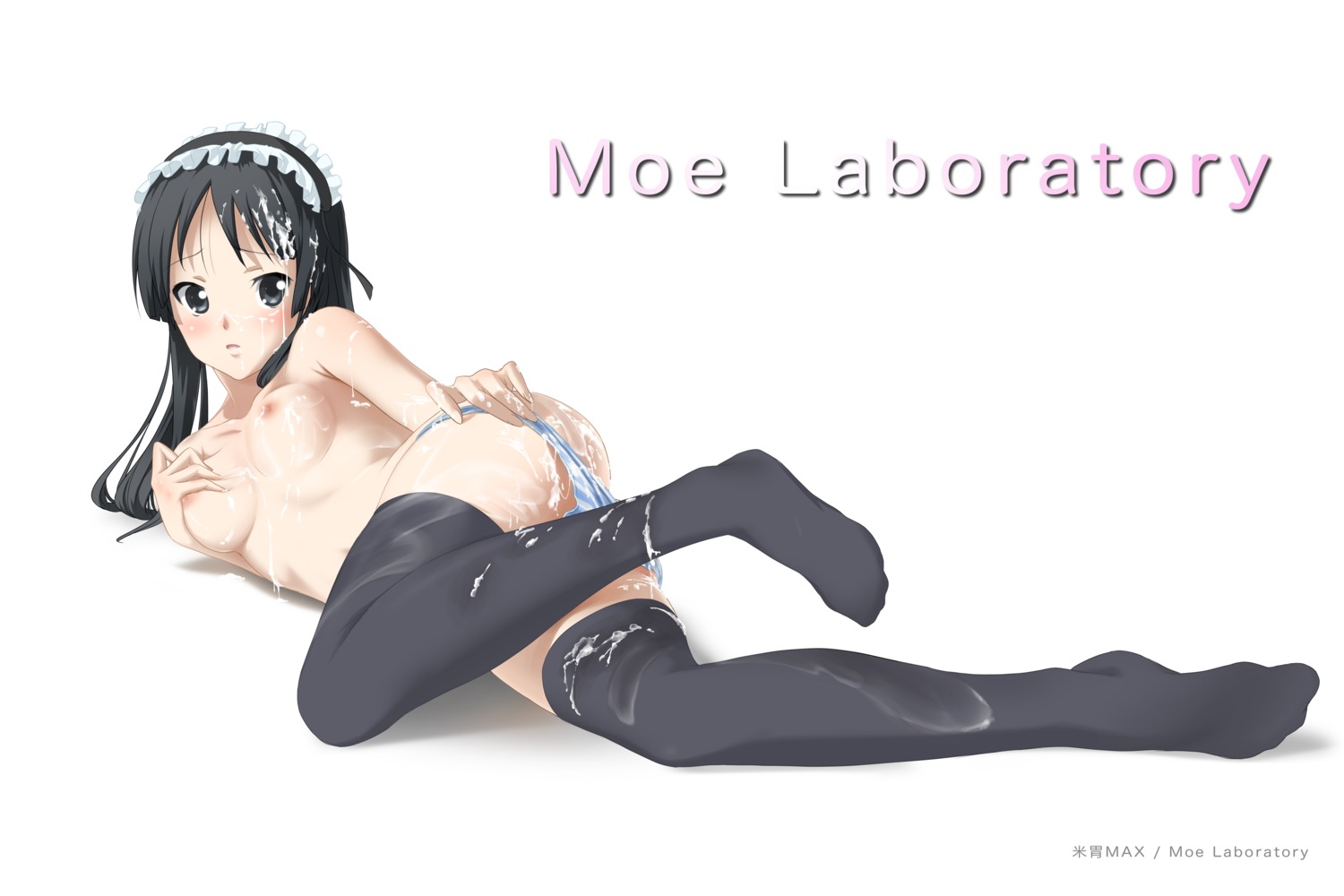 ass black_eyes black_hair black_legwear black_thighhighs blush breast_hold breasts cum cum_in_mouth cum_on_ass cum_on_body cum_on_breasts cum_on_clothes cum_on_hair cum_on_lower_body cum_on_upper_body facial female female_only high_resolution human human_only k-on! komeimax long_hair lying maid_headdress mio_akiyama_(k-on!) nipples panties panty_pull rule34 simple_background solo striped striped_panties thighhighs underwear