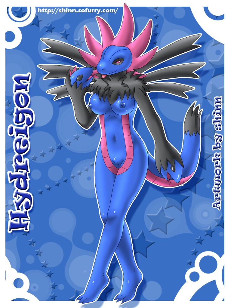 3_toes anthro barefoot black_fur blue_nipples blue_skin breasts claws color female female_only front_view fur hydreigon navel nipples pink_skin pokemon pussy red_eyes rule34 shinn solo species_name standing tail tongue vulva