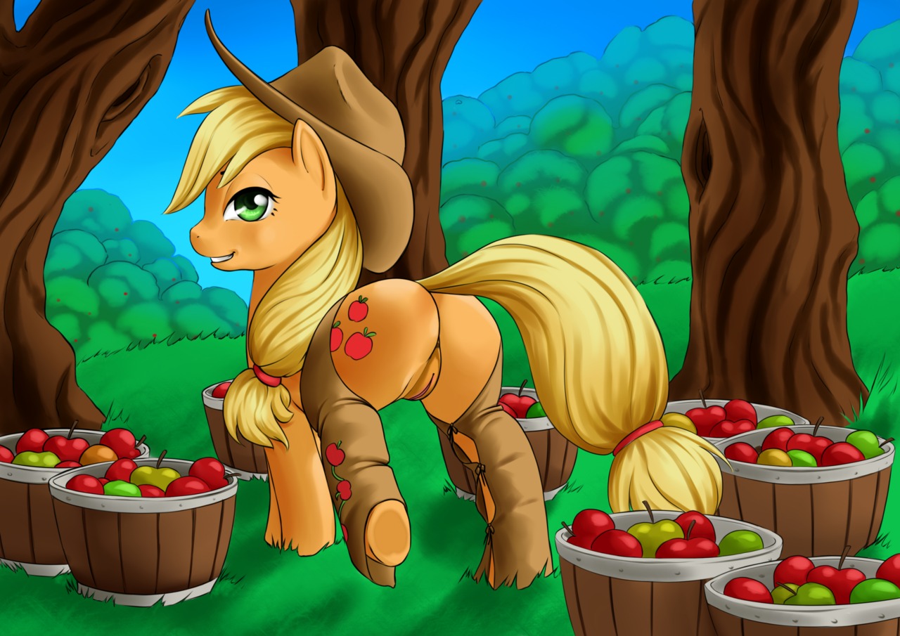 2012 anus apple applejack_(mlp) blonde_hair butt chaps clothing cowboy_hat cutie_mark e621 earth_pony equid equine female feral food friendship_is_magic fruit genitals green_eyes hair hasbro hat headgear headwear horse long_hair looking_at_viewer looking_back mammal my_little_pony outside plant pony quadruped smile solo tail unknown_artist vulva wood