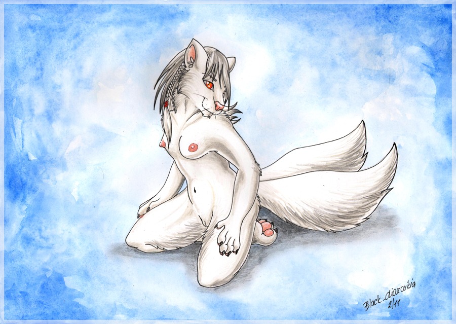 2011 alma_aurora anthro breasts domestic_cat e621 felid feline felis female fur genitals mammal multi_tail nipples nude solo tail vulva white_body white_fur