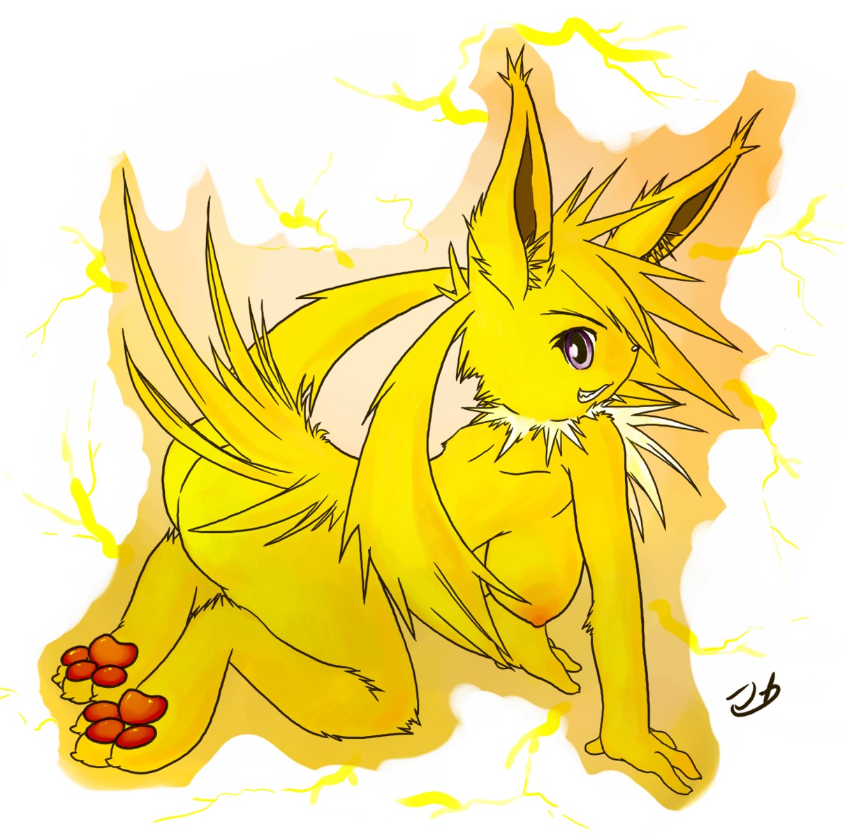 all_fours anthro ass barefoot breasts color eeveelution female female_only fur furry jolteon nintendo pokemon pokemon_(species) rule34 side_view solo tagme