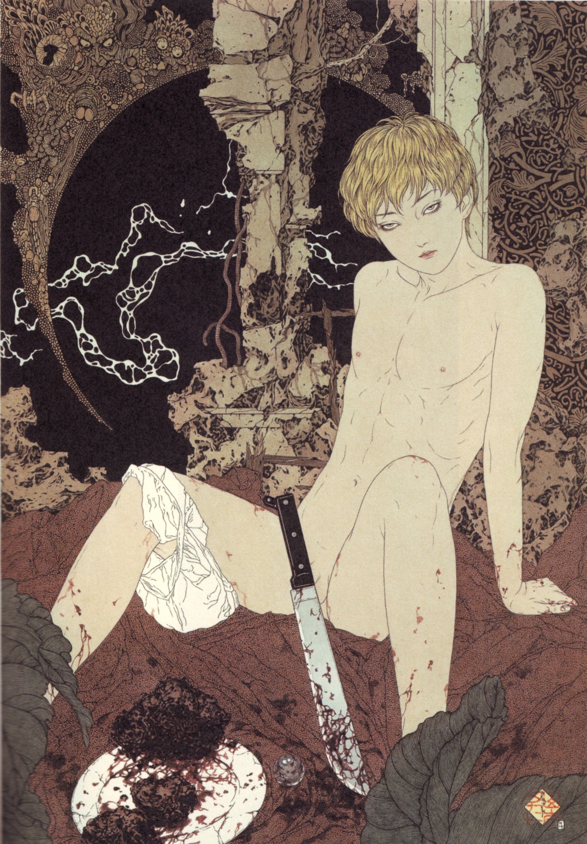 abs abstract arm_support art bloody_sword censored feminine_male fine_art looking_at_viewer machete male male_only naked nipples nude pale_skin penis rule34 small_penis tagme underwear_around_one_leg yamamoto_takato