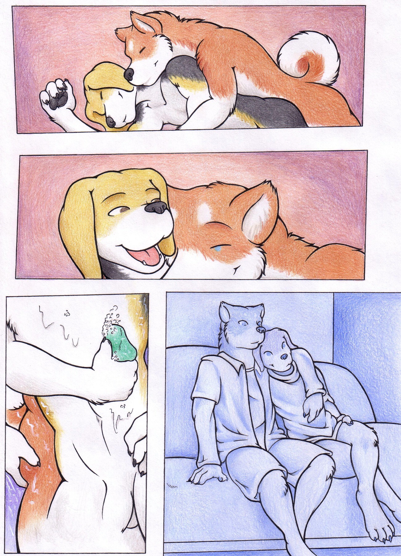 anthro canid canine canis colored_pencil_(artwork) comic domestic_dog duo e621 freckles_(artist) hi_res male male/male mammal multiple_scenes tail traditional_media_(artwork)