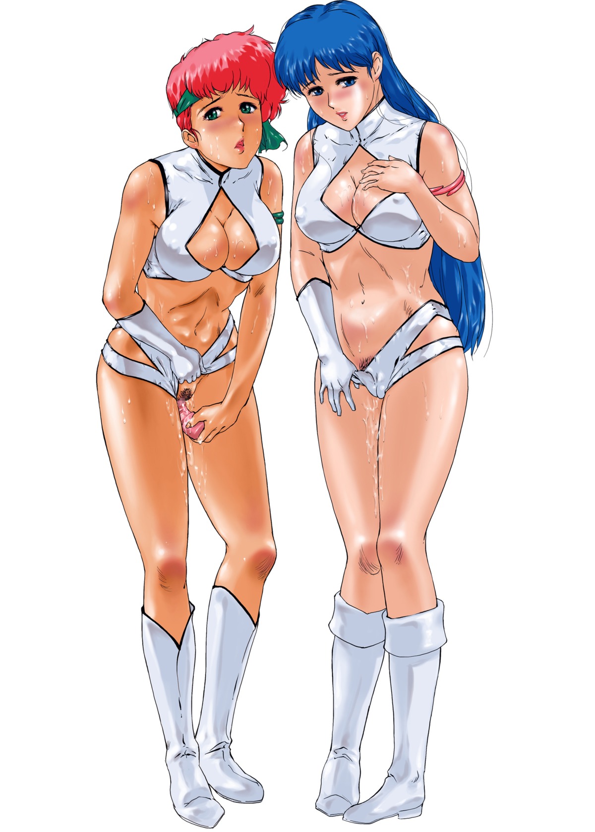 2girls blue_hair blush boots breasts curvaceous dark-skinned_female dark_skin dirty_pair duo female gloves hair headband human kei_(dirty_pair) large_breasts light-skinned_female light_skin long_hair mine_(peak) multiple_females multiple_girls pubic_hair red_hair rule34 short_hair shorts standing tomboy yuri_(dirty_pair)