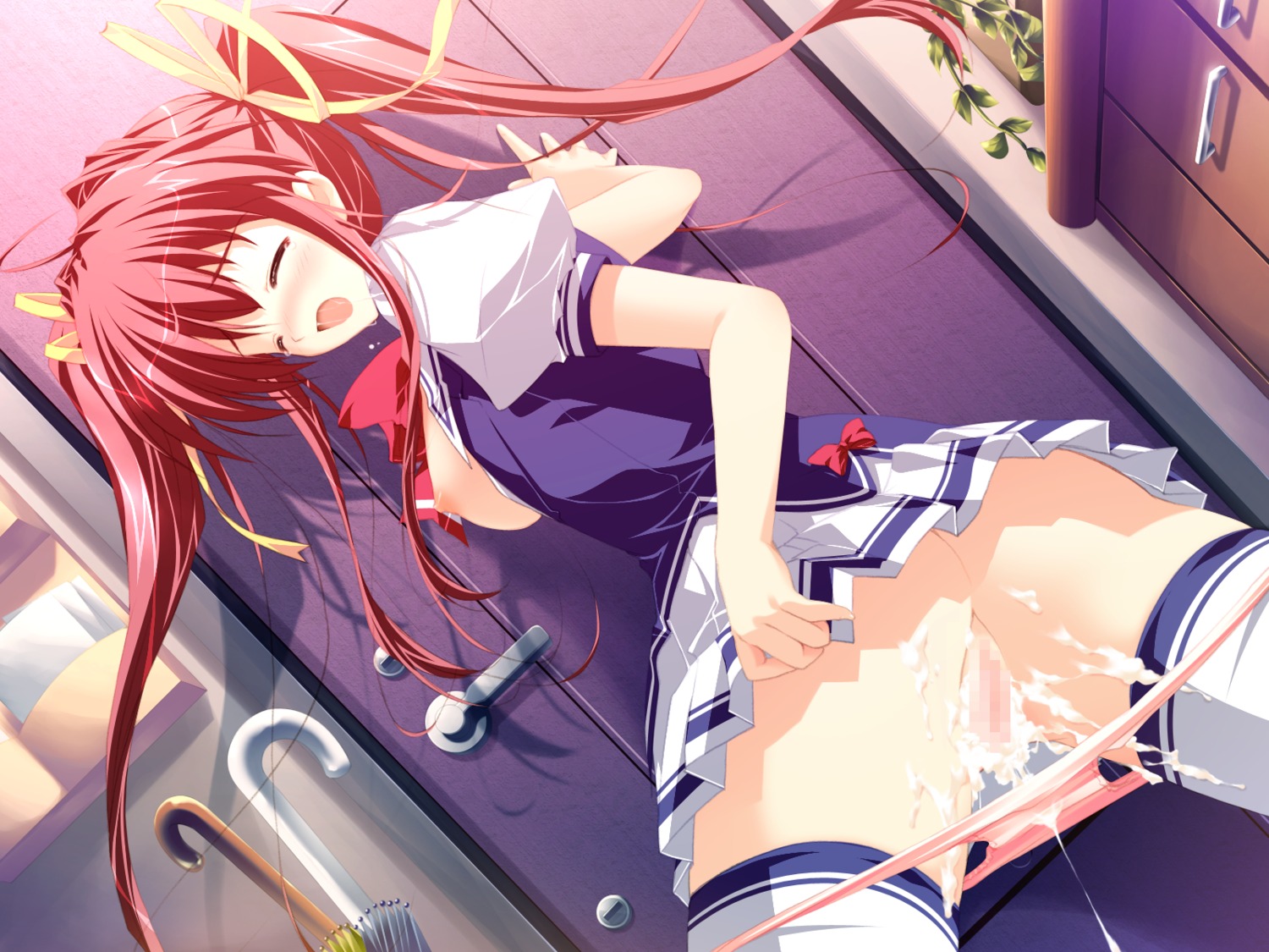 anus asakura_nanao blush bow breasts censored cum female game_cg highres lyrical_lyric mikeou open_clothes open_shirt panties panty_pull pink_panties pov purple_eyes pussy pussy_juice pussy_juice_trail red_hair ribbon ribbons rule34 school_uniform serafuku shirt skirt tears thighhighs tied_hair twintails umbrella underwear upskirt