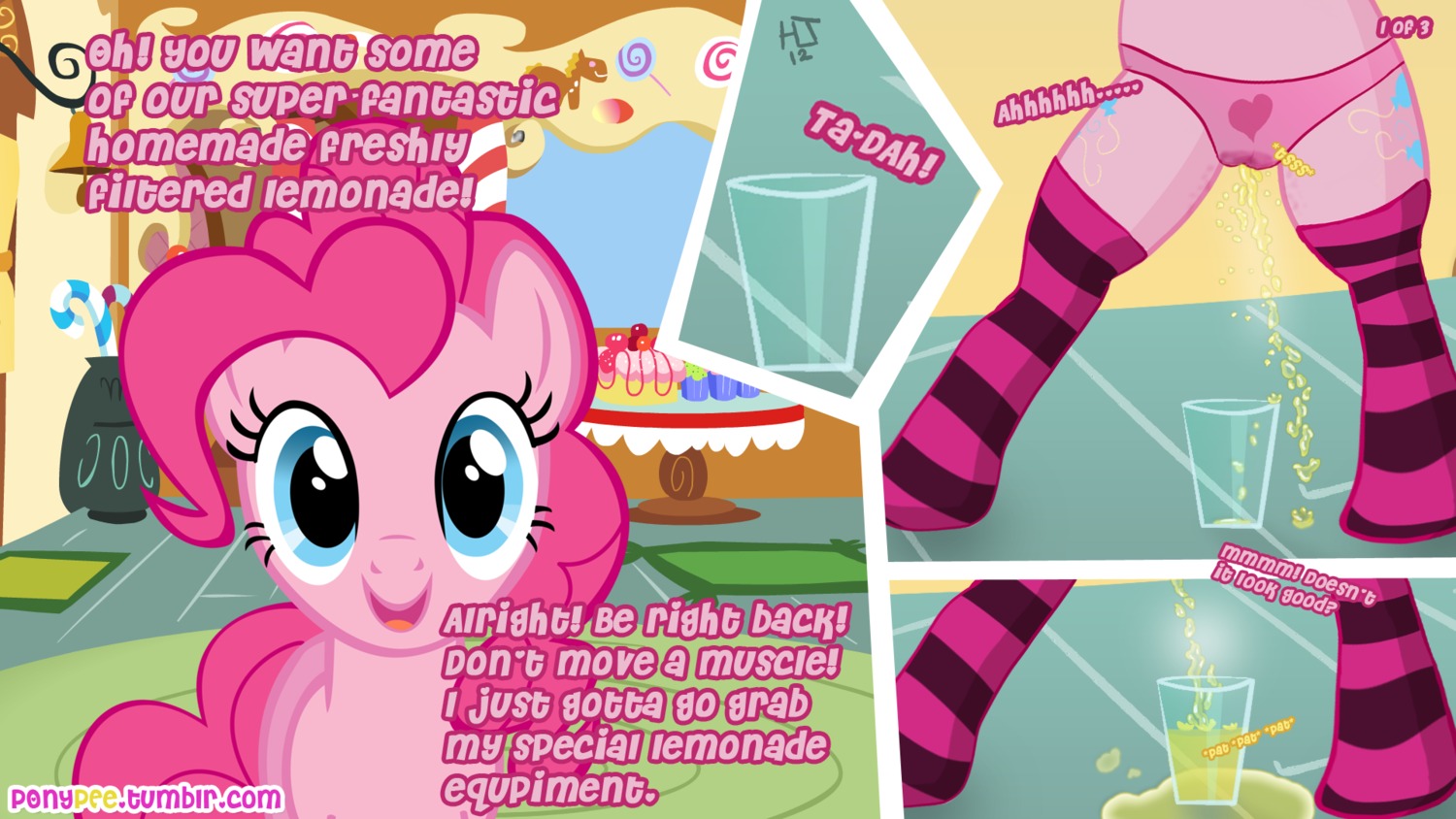 16:9 2012 blue_eyes bodily_fluids camel_toe clothing comic container cup cutie_mark dialogue e621 earth_pony english_text equid equine female feral friendship_is_magic fur genital_fluids hair hasbro hi_res horse inside looking_at_viewer mammal my_little_pony panties peeing peeing_into_container peeing_into_cup pink_body pink_fur pink_hair pinkie_pie_(mlp) pony solo tail text underwear unknown_artist urine urine_in_cup urine_on_ground watersports wetting widescreen