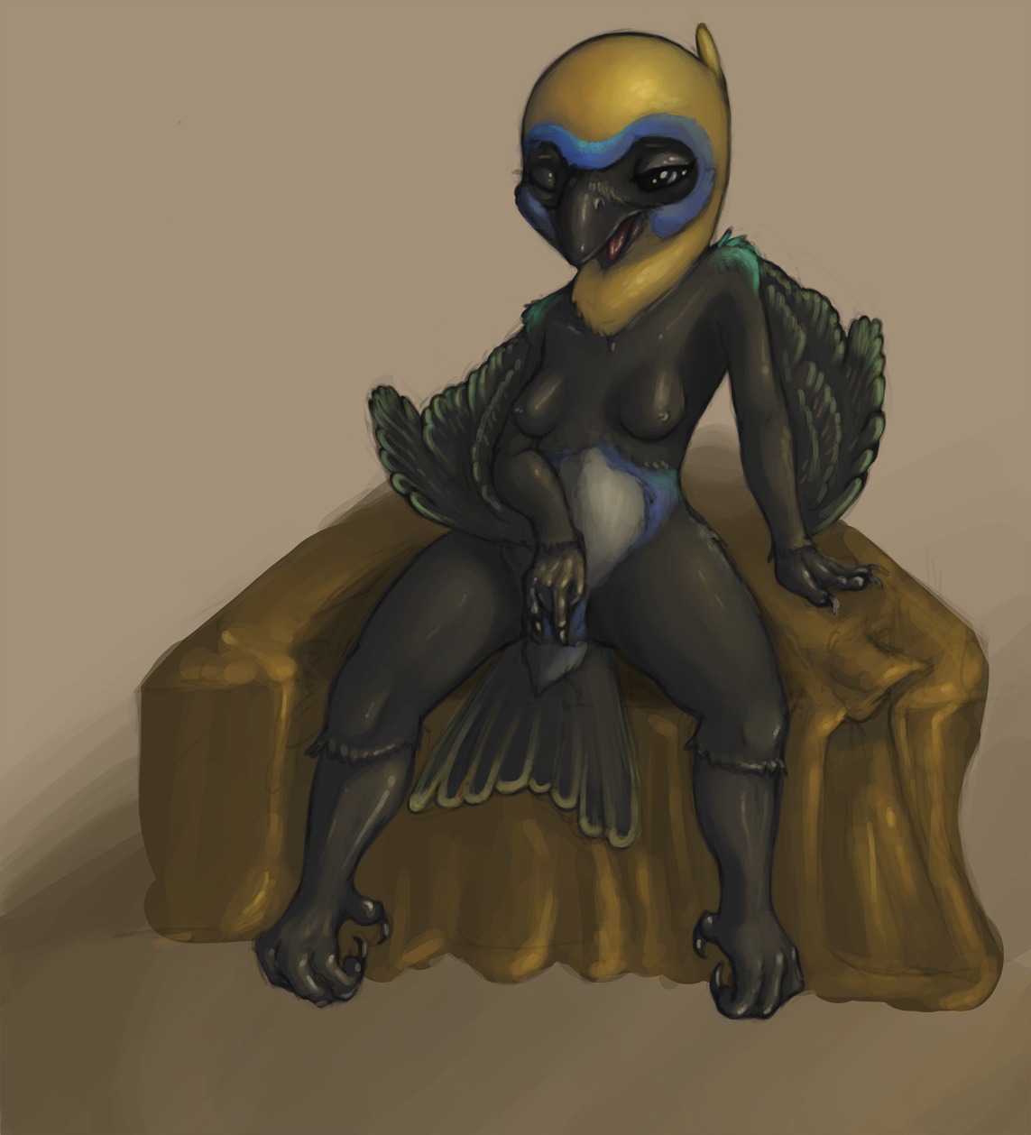 4_fingers 4_toes anisodactyl anthro arm_support arm_tuft avian avian_feet barefoot beak bed bed_sheet bedding belly bent_arm biped bird black_body black_eyes black_feathers blue_body blue_feathers breasts brown_background chest_tuft claws colored curling_toes digital_media_(artwork) e621 eyelashes facial_markings feather_tuft feathered_wings feathers feet female fingering fingering_self fingers front_view furniture genitals golden-hooded_tanager green_body green_feathers grey_belly head_markings head_tuft hi_res humanoid_hands inside leg_tuft looking_down looking_pleasured markings mask_(marking) masturbation multicolored_body multicolored_feathers nipples non-mammal_breasts non-mammal_nipples nude nyar on_bed one_eye_closed open_mouth orgasm orgasm_face oscine passerine reclining shoulder_tuft simple_background sitting sketch small_breasts solo spread_legs spreading tail tail_feathers talons tanager teal_body teal_feathers tess_(nyar) toe_claws toes tongue tuft vaginal vaginal_fingering vaginal_masturbation vulva winged_arms wings wrist_tuft yellow_body yellow_feathers