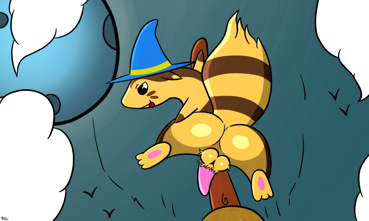 5:3 backsack balls broom butt cleaning_tool clothing cloud e621 erection furret generation_2_pokemon genitals hat headgear headwear looking_at_viewer looking_back male mammal moon mostly_nude mustelid neitsuke night nintendo penis pokemon pokemon_(species) presenting solo strawberrydog third-party_edit wizard_hat