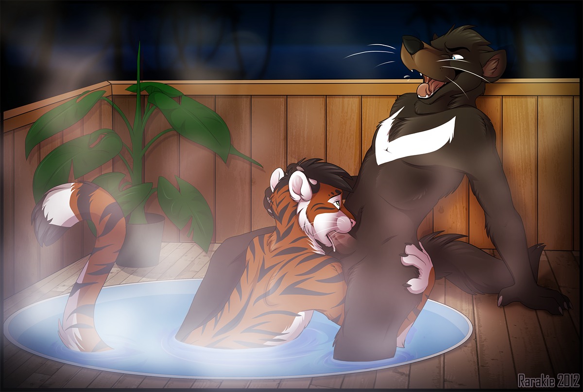 2012 anthro balls dasyurid dasyuromorph duo e621 erection felid fellatio genitals hot_tub male male/male male_penetrated male_penetrating male_penetrating_male mammal marsupial night oral oral_penetration outside pantherine penetration penile penis public public_sex rarakie sex steam swimming_pool tail tasmanian_devil tiger water