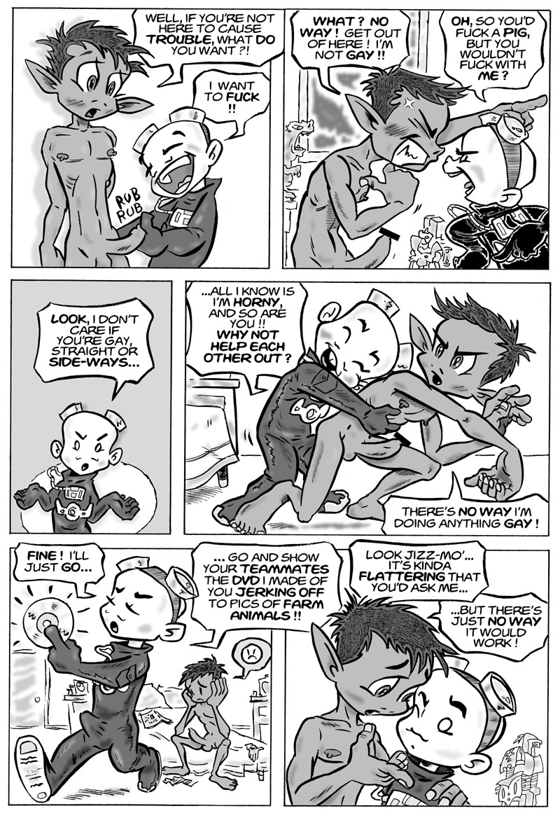 beast_boy comic dc dc_comics gay gizmo_(dc) male monochrome penis rule34 straight_hair teen_titans