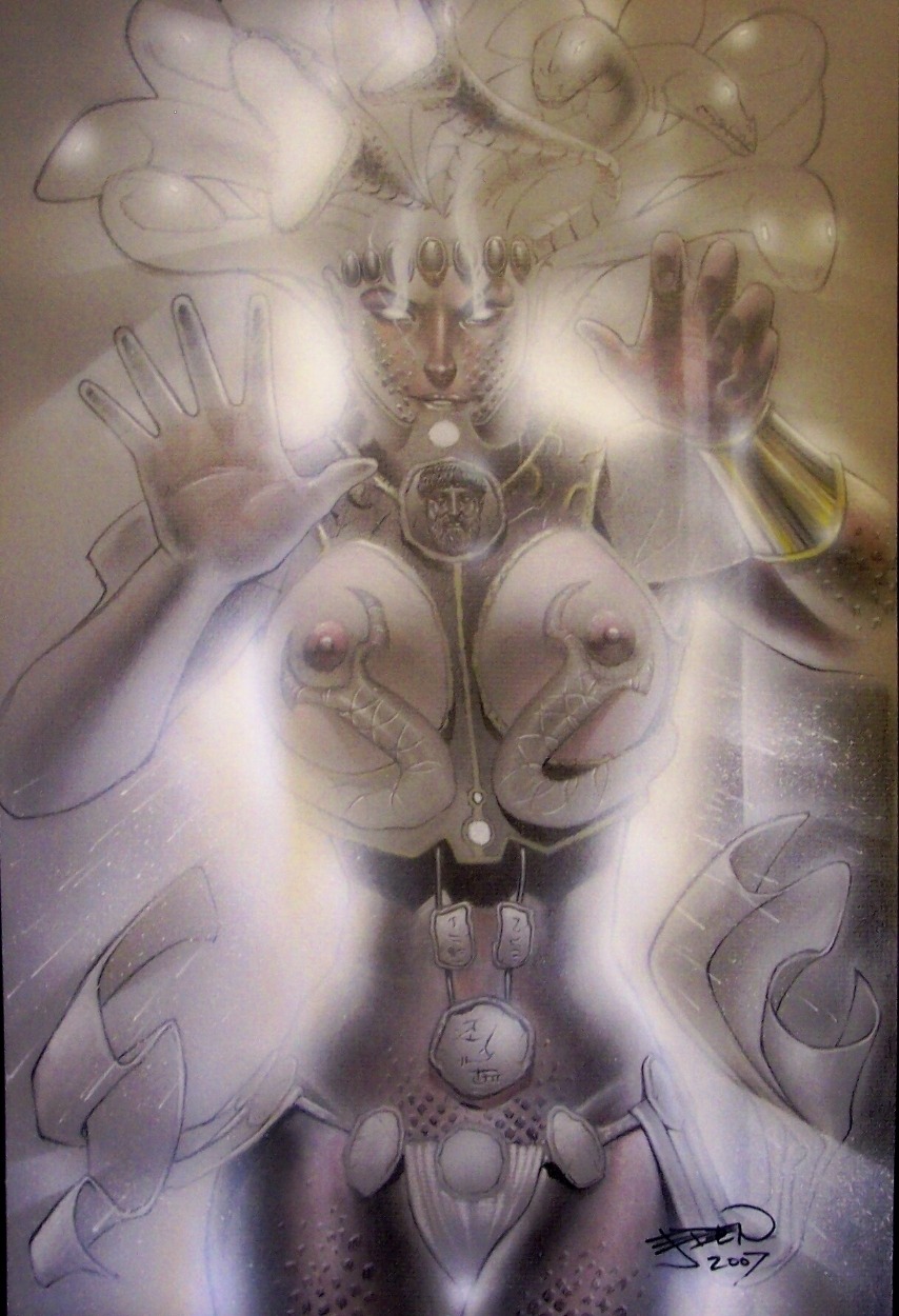 clothing female flashing glowing glowing_eyes greek_mythology medusa medusa_(greek_mythology) mythology revealing_clothes rule34 smile smiling snake snake_girl snake_hair tagme white_eyes
