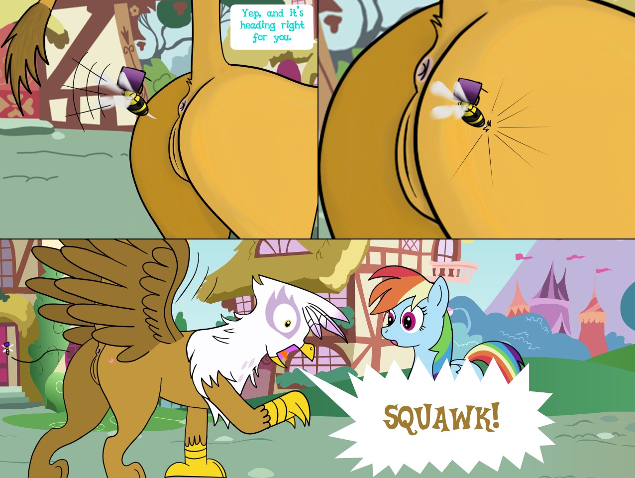 2012 anus arthropod avian beak bee bee_sting bird blue_body blue_feathers blue_fur bsting butt butt_focus comic dialogue duo e621 english_text equid equine feathered_wings feathers female feral friendship_is_magic fur genitals gilda_(mlp) gryphon hair hasbro hymenopteran insect insect_wings mammal multicolored_hair my_little_pony mythological_avian mythological_creature mythological_equine mythology nude pain pegasus rainbow_dash_(mlp) rainbow_hair tail text vulva wings
