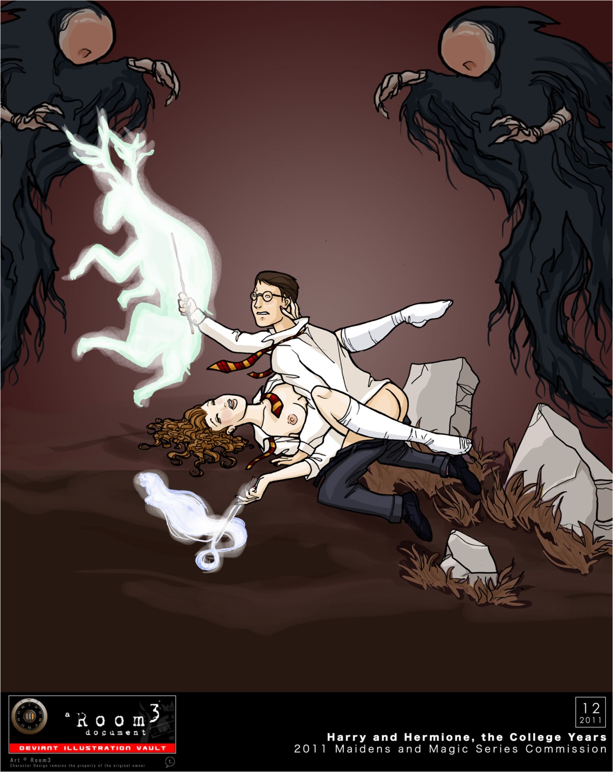 1girls breasts dementor english_text female gryffindor gryffindor_tie harry_james_potter harry_potter hermione_granger magic missionary nipples patronus room3 rule34 sex straight text trdl wand witch_(harry_potter)