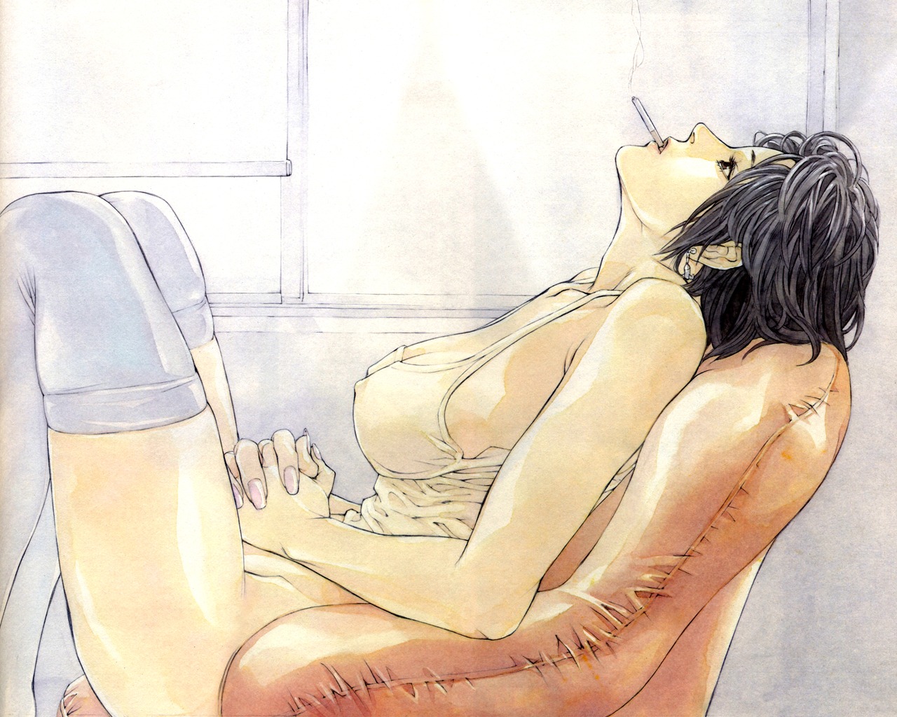 black_hair bottomless breasts cigarette cleavage female rule34 see-through short_hair thighhighs
