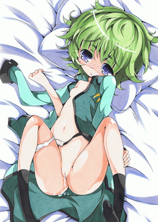 1girls 2d belly blue_eyes blush breasts cum female green_hair gundam gundam_00 hilling_care pussy rule34 solo tagme