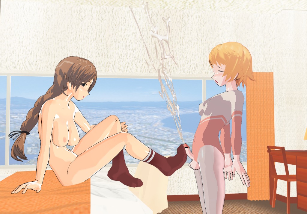 3d anime areolae balls bar_censor bed black_socks blush braided_ponytail brown_hair censored cum cum_explosion cum_on_own_face cumshot ejaculation exposed_penis feet female footjob footjob_with_legwear footwear futanari intersex long_hair nipples nude on_bed pantyhose penis rule34 sitting sockjob socks standing testicles