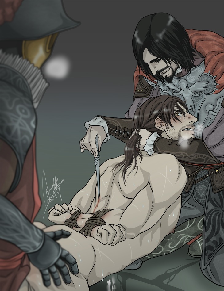 3boys anal anal_penetration armor assassin's_creed:_brotherhood assassin's_creed_(series) assassin's_creed_ii blood bondage cesare_borgia clothed_male_nude_male cmnm dokyakutu ezio_auditore_da_firenze forced_submission forced_yaoi gay gay_domination grabbing_hair guard hair_grab hands_behind_back hands_tied hands_tied_behind_back knife knife_play male male/male/male male_only male_rape_victim muscular muscular_male nonconsensual penetration pulling_hair rape rope rope_bondage rule34 scar sweat sweating threesome torture ubisoft visible_breath yaoi