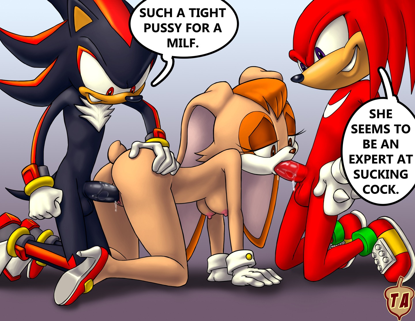 2014 all_fours anthro anthro_on_anthro anthro_penetrated anthro_penetrating anthro_penetrating_anthro areola balls big_breasts black_body black_fur black_text breasts butt clothing dialogue double_penetration e621 echidna english_text erect_nipples erection eulipotyphlan fellatio female female_penetrated footwear fur genitals gloves gradient_background grey_background group group_sex handwear hedgehog high_heels ineffective_clothing kneeling knuckles_the_echidna lagomorph leporid male male/female male_penetrating male_penetrating_female mammal mature_anthro mature_female monotone_text monotreme mostly_nude mother_(lore) nipples oral oral_penetration parent_(lore) penetration penile penis rabbit rule34rox sega sex shadow_the_hedgehog shoes simple_background sonic_the_hedgehog_(series) speech_bubble spitroast teamacorn text threesome trio vaginal vaginal_penetration vanilla_the_rabbit vulva white_speech_bubble