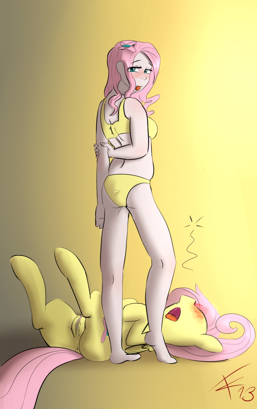 2013 alternate_species blue_background blue_eyes blush bodily_fluids breasts clothed clothing crade cutie_mark digital_media_(artwork) duo e621 equid equine feathered_wings feathers female feral fluttershy_(mlp) footwear friendship_is_magic fur genital_fluids genitals green_eyes hair hasbro hi_res horse human humanized kneeling legwear looking_at_viewer looking_back lying mammal multicolored_hair my_little_pony mythological_creature mythological_equine mythology on_back panties pegasus pink_hair pony saliva selfcest side_boob simple_background socks square_crossover tongue tongue_out underwear vaginal_fluids vulva wings yellow_body yellow_feathers yellow_fur