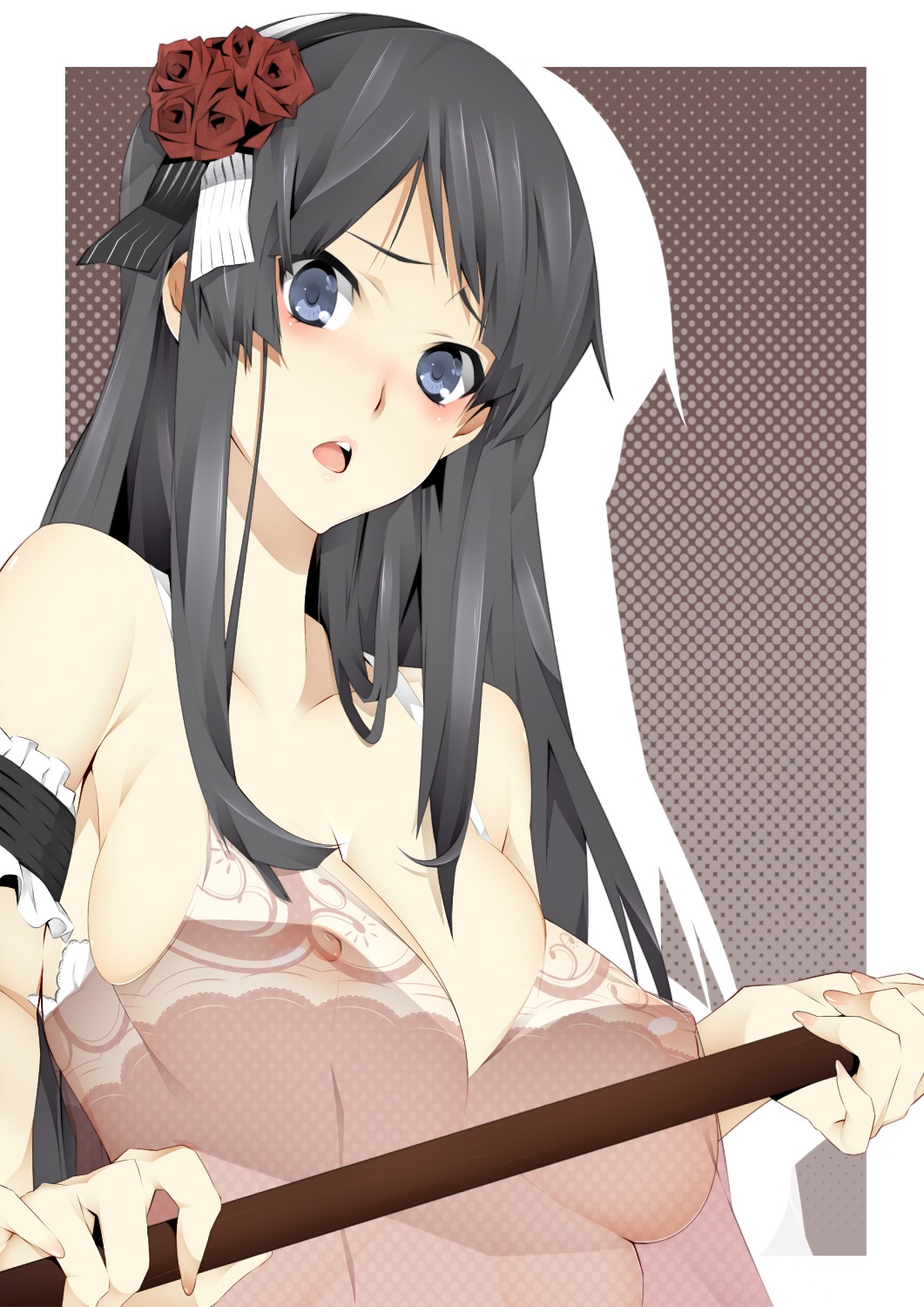 bangs bare_shoulders black_hair blue_eyes blunt_bangs dress erect_nipples female female_only flower hair_flower hair_ornament highres hime_cut human human_only k-on! long_hair mio_akiyama_(k-on!) nipples rule34 see-through solo