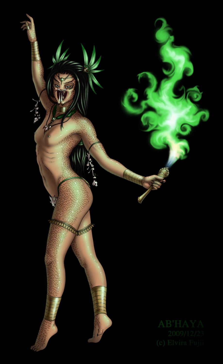 1girls 2009 2d alien black_hair braid breasts claws dark-skinned_female dark_hair dark_skin facial_markings female female_only female_yautja fiji-fujii fire green_eyes long_hair looking_at_viewer markings nipples nude open_mouth predator_(franchise) rule34 solo solo_female spots text topless uncensored yautja