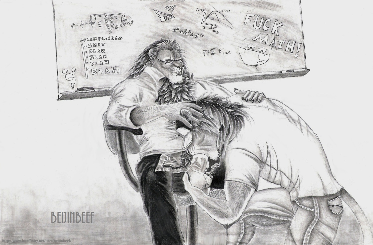 after_school animal_genitalia anthro ball_fondling balls bodily_fluids cum duo e621 english_text erection felid fellatio fondling genital_fluids genitals graphite_(artwork) greyscale hi_res lion looking_pleasured male male/male male_penetrated male_penetrating male_penetrating_male mammal math monochrome oral oral_penetration orgasm orgasm_face pantherine penetration penile penis profanity pythagorean_theorem sex sheath student tarolyon teacher teacher_and_student text traditional_media_(artwork)