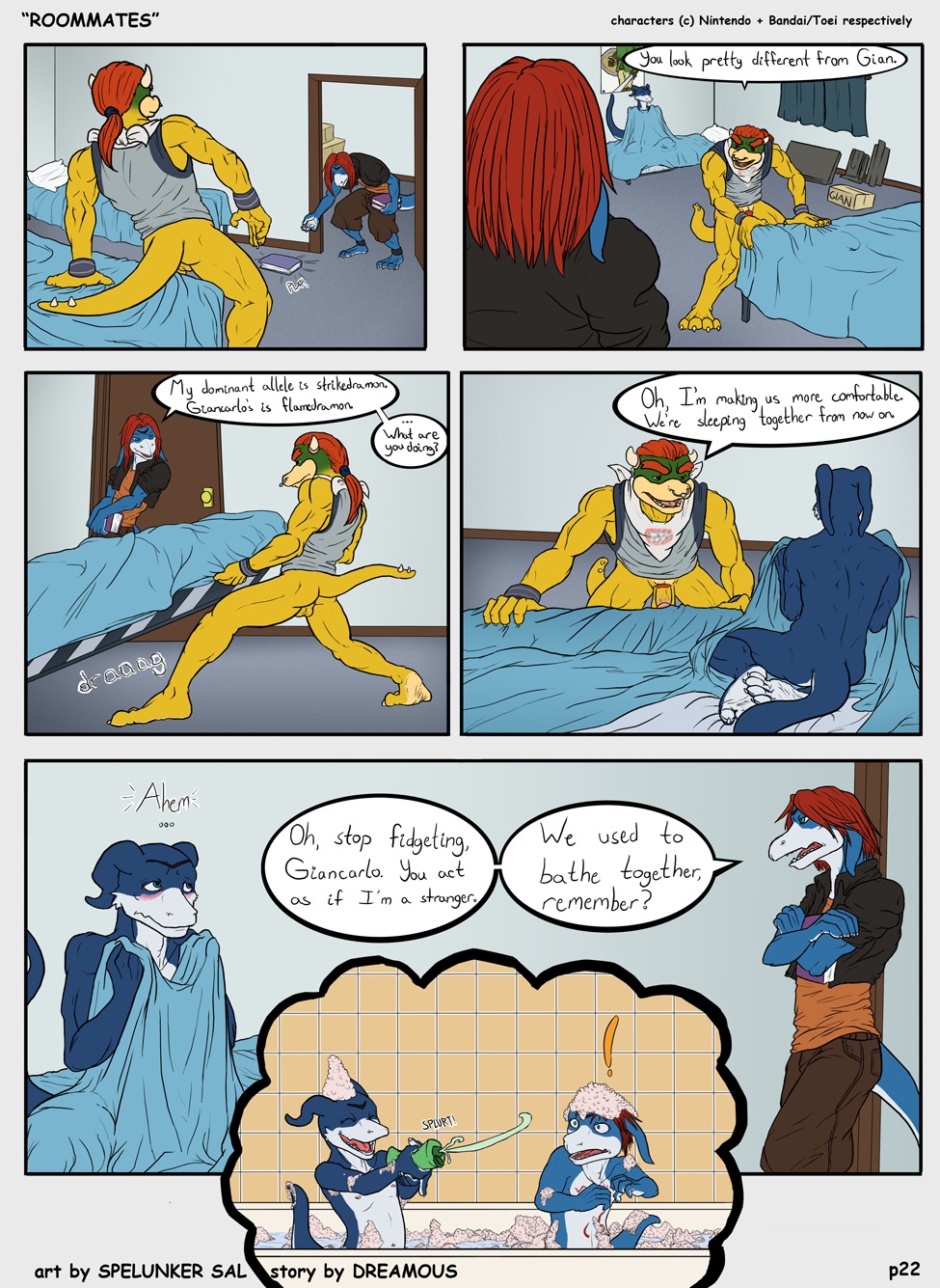 anthro bath blush bowser_koopa_junior_(roommates) comic covering digimon digimon_(species) dreamous flamedramon flashback furry gay giancarlo_rosato koopa male male_only mario_(series) no_humans nude penis piercing roommates rule34 santino_rosato scalie spelunker_sal strikedramon