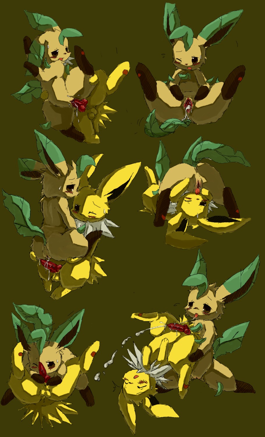 69_position balls blush bodily_fluids brown_body brown_eyes brown_fur cowgirl_position cum cum_in_vagina cum_inside cum_on_face cumshot cunnilingus duo e621 eeveelution ejaculation erection eyes_closed female female_on_top female_penetrated feral feral_on_feral from_behind_position from_front_position fur generation_1_pokemon generation_4_pokemon genital_fluids genitals green_background hi_res internal jolteon knot leaf leafeon lying male male/female male_on_bottom male_penetrating male_penetrating_female multiple_positions nintendo on_back on_bottom on_top one_eye_closed open_mouth oral orgasm paws penetration penis pokemon pokemon_(species) red_penis sex simple_background spread_legs spreading straddling vaginal vaginal_penetration vulva wahitouppe yellow_body yellow_fur