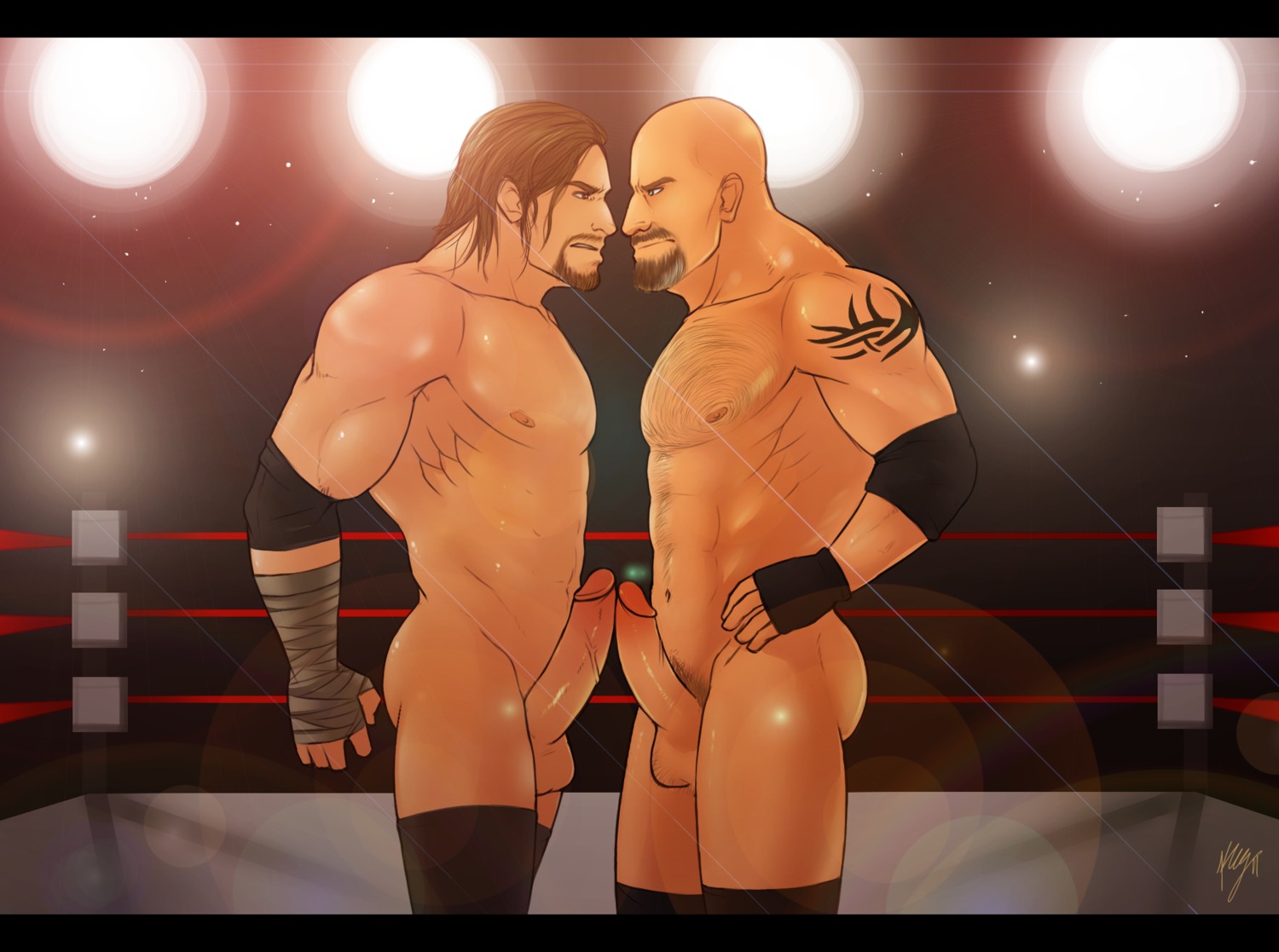 2boys bald balls bara bill_goldberg brown_eyes brown_hair erect_nipples erect_penis eye_contact facial_hair fingerless_gloves gay hairy_chest human male male_in_thighhighs male_only multiple_boys multiple_males muscles nipples pecs penis penis_size_difference penises_touching pubic_hair rule34 sablechan tattoo testicles thighhighs triple_h wrapped_hands wrestling wwe yaoi