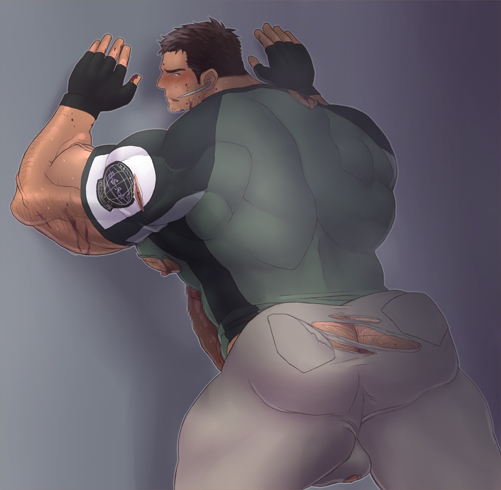 bara blood boner capcom chris_redfield erection fingerless_gloves human kuromine_hiraya male male_only muscles resident_evil resident_evil_5 rule34 solo sweat sweating yaoi yuatari