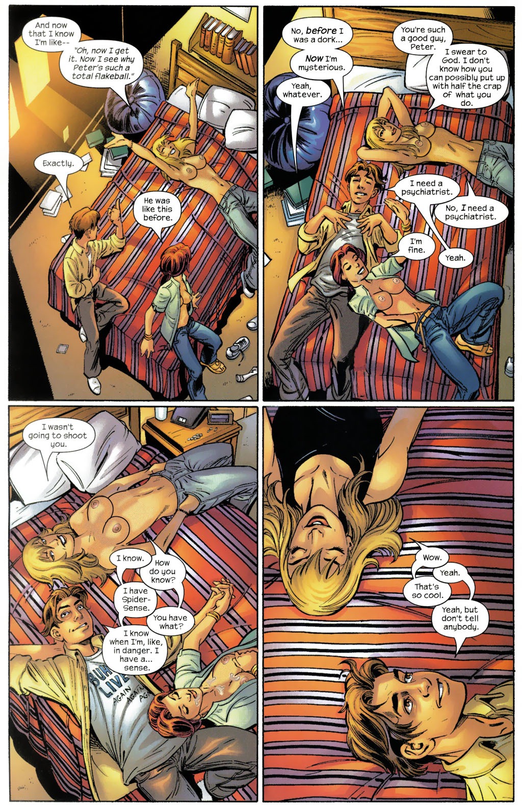 casual_nudity comic edit female gwen_stacy gwen_stacy_(classic) jd_smith jeans male mark_bagley marvel marvel_comics mary_jane_watson nipples pants peter_parker photoshop rule34 scott_hanna shirt spider-man spider-man_(series) straight_hair ultimate_marvel_(2000) ultimate_spider-man_(2000) unbuttoned_shirt