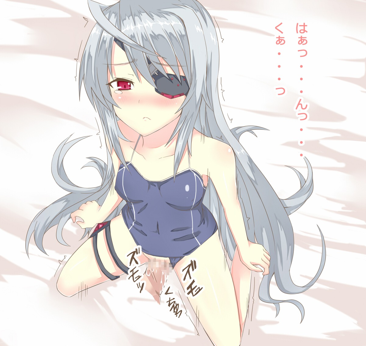 censored eye_patch female infinite_stratos kneeling kurifuto laura_bodewig long_hair male penis pussy red_eyes rule34 sex silver_hair tear translation_request vaginal_penetration