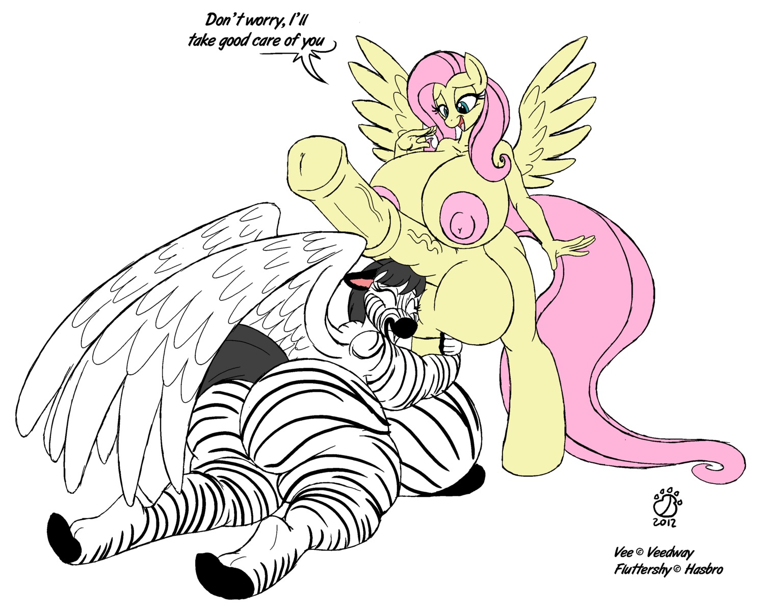 2012 absurd_res anthro anthrofied badgerben balls big_balls big_breasts big_butt big_penis breasts butt colored cutie_mark duo e621 equid equine erection feathered_wings feathers female fluttershy_(mlp) friendship_is_magic genitals gynomorph hair hasbro hi_res huge_balls huge_breasts huge_butt huge_penis hyper hyper_balls hyper_breasts hyper_genitalia hyper_penis intersex mammal my_little_pony mythological_creature mythological_equine mythology nipples pegasus penis slightly_chubby smile stripes text thick_thighs vee_(veedway) virtuafighter_(artist) wings yellow_body yellow_feathers zebra