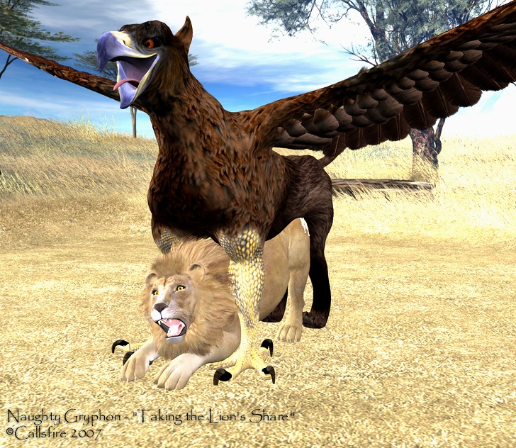 2007 3d_(artwork) avian beak callsfire cloud digital_media_(artwork) duo e621 english_text feathered_wings feathers felid feral feral_on_feral forced gryphon interspecies lion male male/male mammal mythological_avian mythological_creature mythology outside pantherine rape savanna sex sky text wings