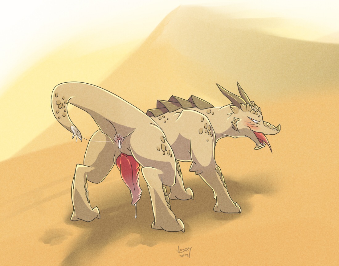 2012 anal anus blush bodily_fluids butt desert digital_media_(artwork) dragon e621 erection feral genital_fluids genitals looking_at_viewer looking_back male mythological_creature mythological_scalie mythology outside penis precum presenting presenting_hindquarters raised_tail sand scalie shaded solo tail tongue vexxy