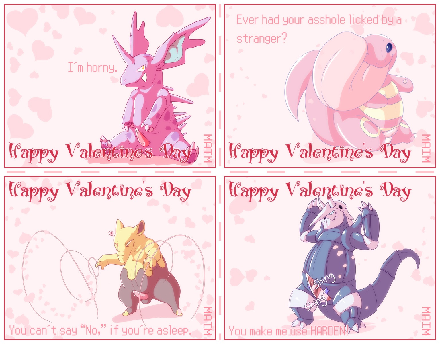 2011 aggron balls drowzee english_text gay heart homosexual homosexual_male lickitung maim male male_focus male_only male_penetrating nidoran nintendo penis pokemon pokemon_(species) rule34 text tongue valentine's_day
