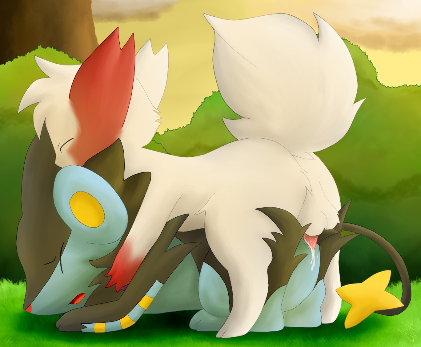 arti4000 backsack balls bodily_fluids canid canine cloud cum cum_inside digital_media_(artwork) duo e621 erection eyes_closed felid female female_penetrated feral fluffy fluffy_tail from_behind_position fur generation_3_pokemon generation_4_pokemon genital_fluids genitals interspecies luxray male male/female male_penetrating male_penetrating_female mammal markings nintendo nude open_mouth outside penetration penile penile_penetration penis penis_in_vagina pokemon pokemon_(species) raised_tail red_markings sex tail vaginal vaginal_penetration vulva zangoose