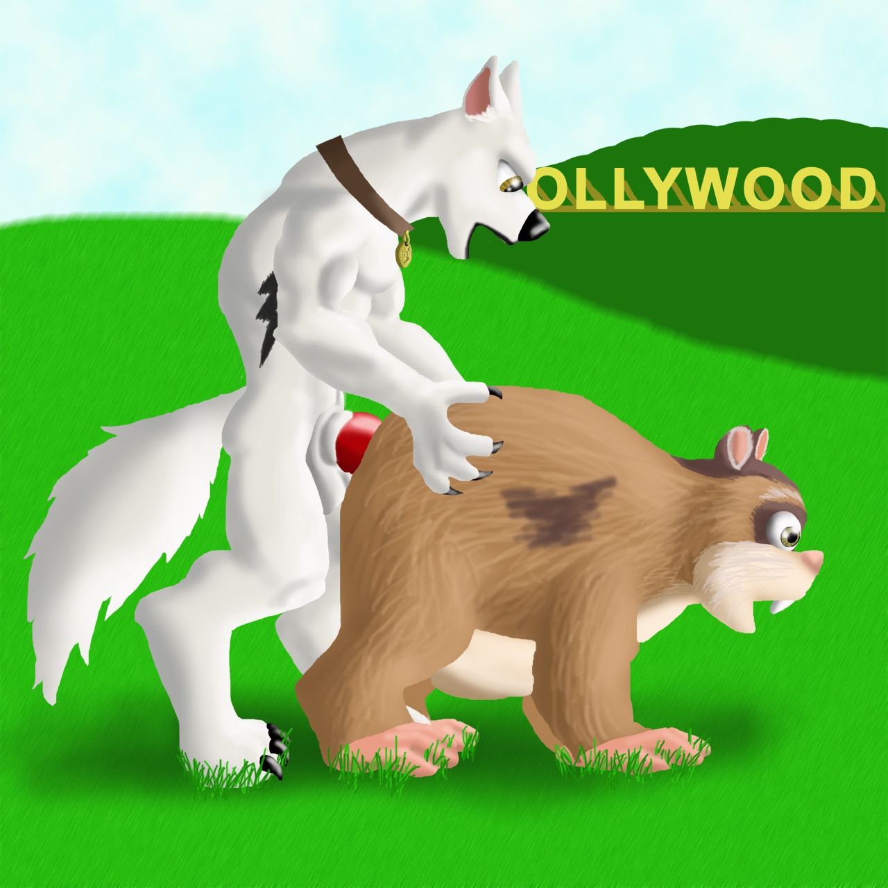 anal_insertion anal_sex anthro anthro_on_feral beige_fur black_fur black_nose bolt_(bolt) bolt_(film) brown_fur canine cutterfl day disney dog doggy_style feral fur furry furry_only furry_tail grass hamster insertion interspecies male male_only multiple_males open_mouth outdoors penis rhino_(bolt) rule34 sex side_view sky tail white_fur yaoi zoophilia