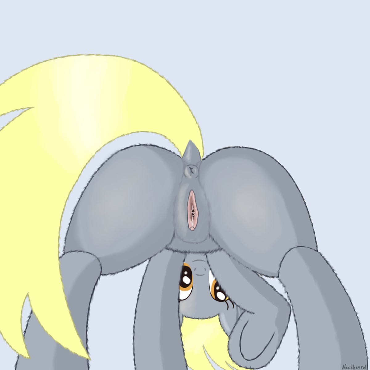 1:1 absurd_res anus blonde_hair derpy_hooves_(mlp) e621 equid equine female feral friendship_is_magic fur genitals grey_background grey_body grey_fur hair hasbro hi_res horse mammal my_little_pony neckbeardotw pony simple_background smile solo vulva