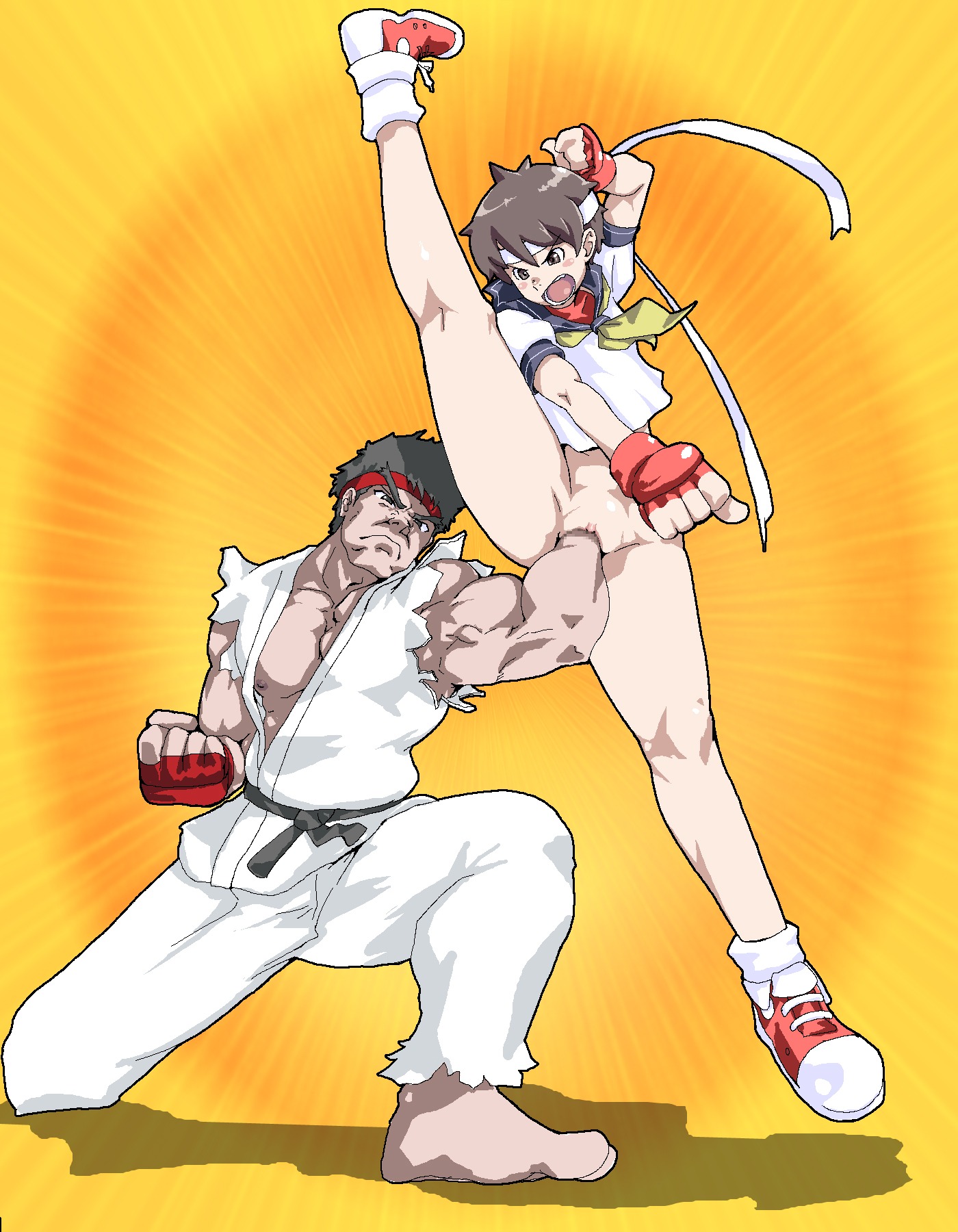 1boy 1girls barefoot black_belt bottomless brown_hair censored clitoris duo female fever-san fighting fingerless_gloves fisting flexible footwear gloves handwear headband headwear highres human karate_gi kick kicking legs male muscular muscular_male ouch pale_skin pointless_censoring punch punching pussy rule34 ryu_(street_fighter) sakura_kasugano school_uniform serafuku short_hair splits straight straight_hair street_fighter uppercut vaginal vaginal_fisting vaginal_insertion vertical_splits
